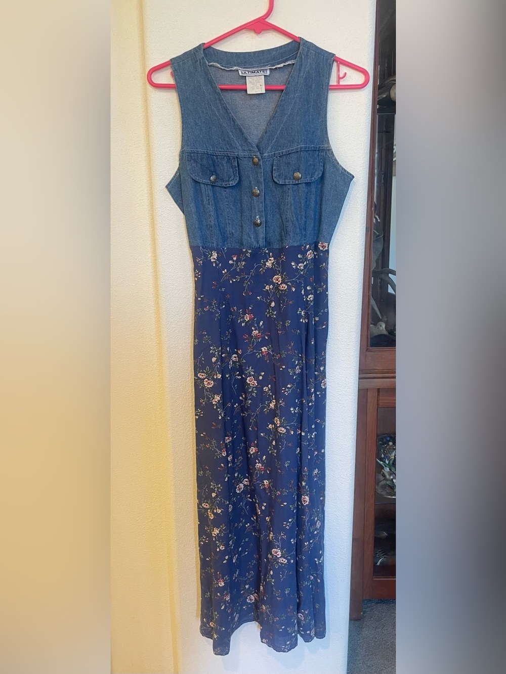 Vintage Sleeveless Denim Bodice Floral Maxi Dress - Blue